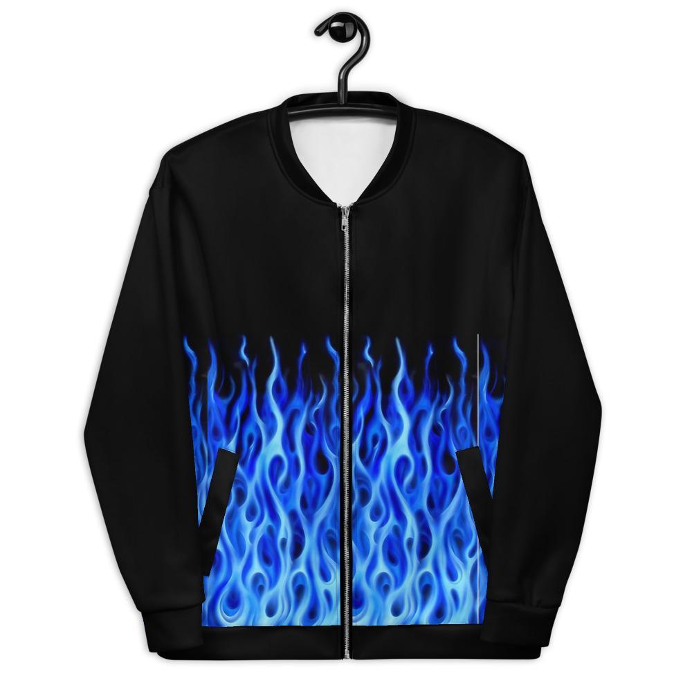 Blue Flames Black Bomber Jacket