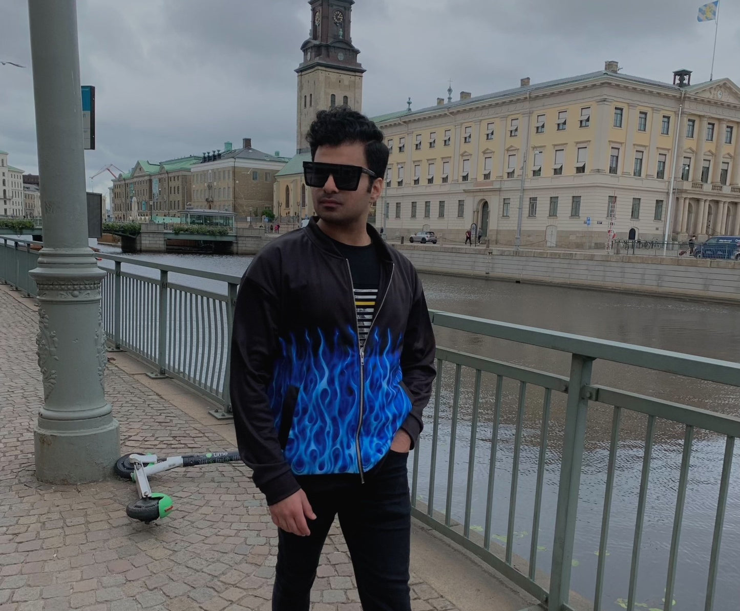 Blue Flames Black Bomber Jacket